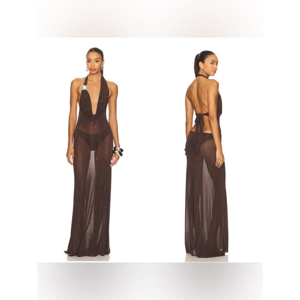 NWT JADED LONDON Knitted Trim Plunge Dress in Brown